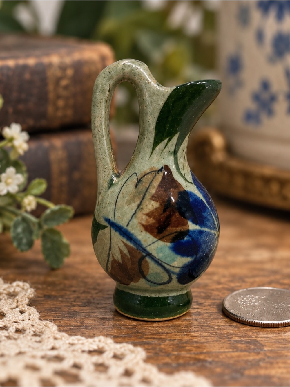 Miniature Hand Painted Pottery Pitcher Ewer Folk Art Ceramic